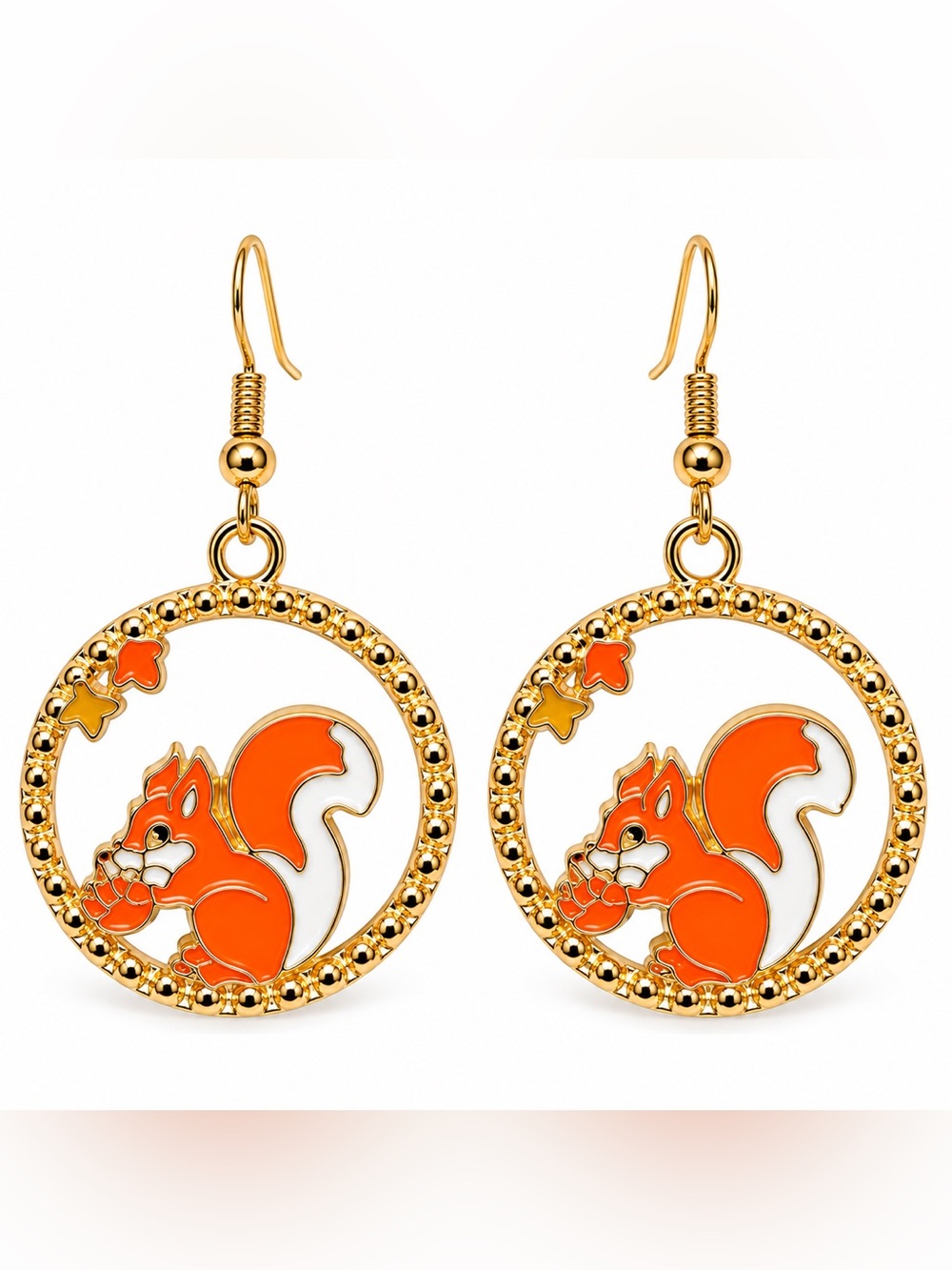 Squirrel Dangle Earrings Orange Enamel Gold Tone Woodland Fall Jewelry NEW